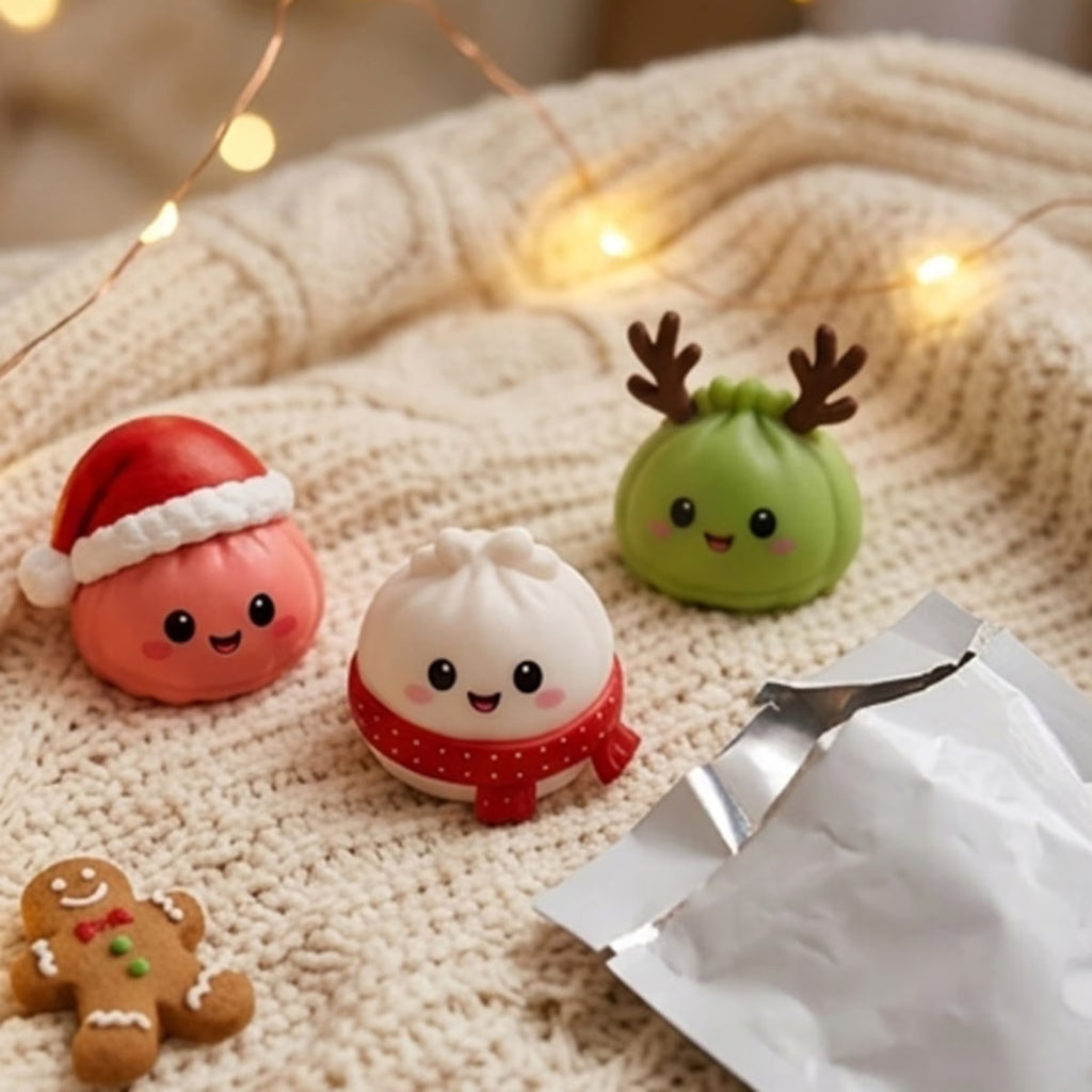 Drie squishy-dumplings op een gebreide plaid
