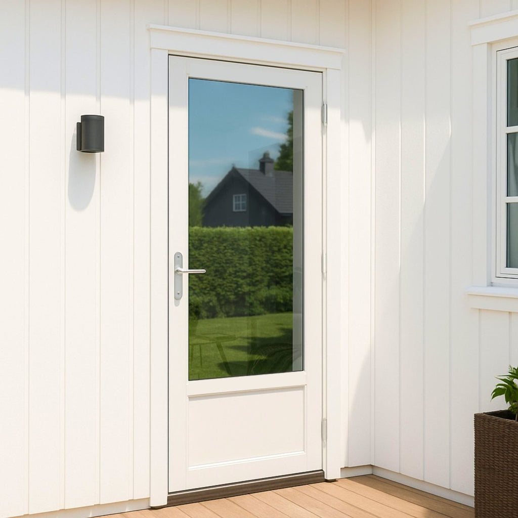 Terrasdeur met spiegelfolie die de tuin en het huis buiten weerspiegelt