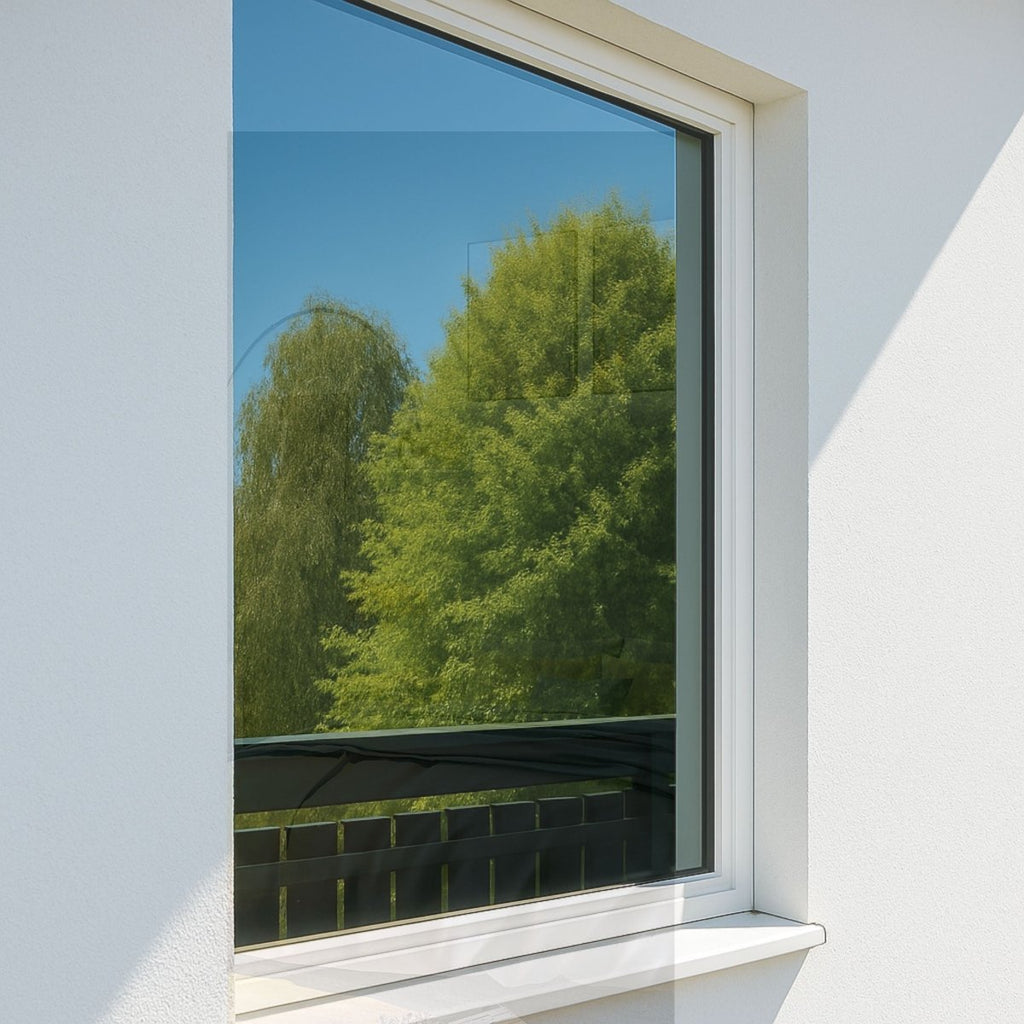 Raam met spiegelfolie dat de bomen weerspiegelt, gezien vanaf de buitenkant van het huis