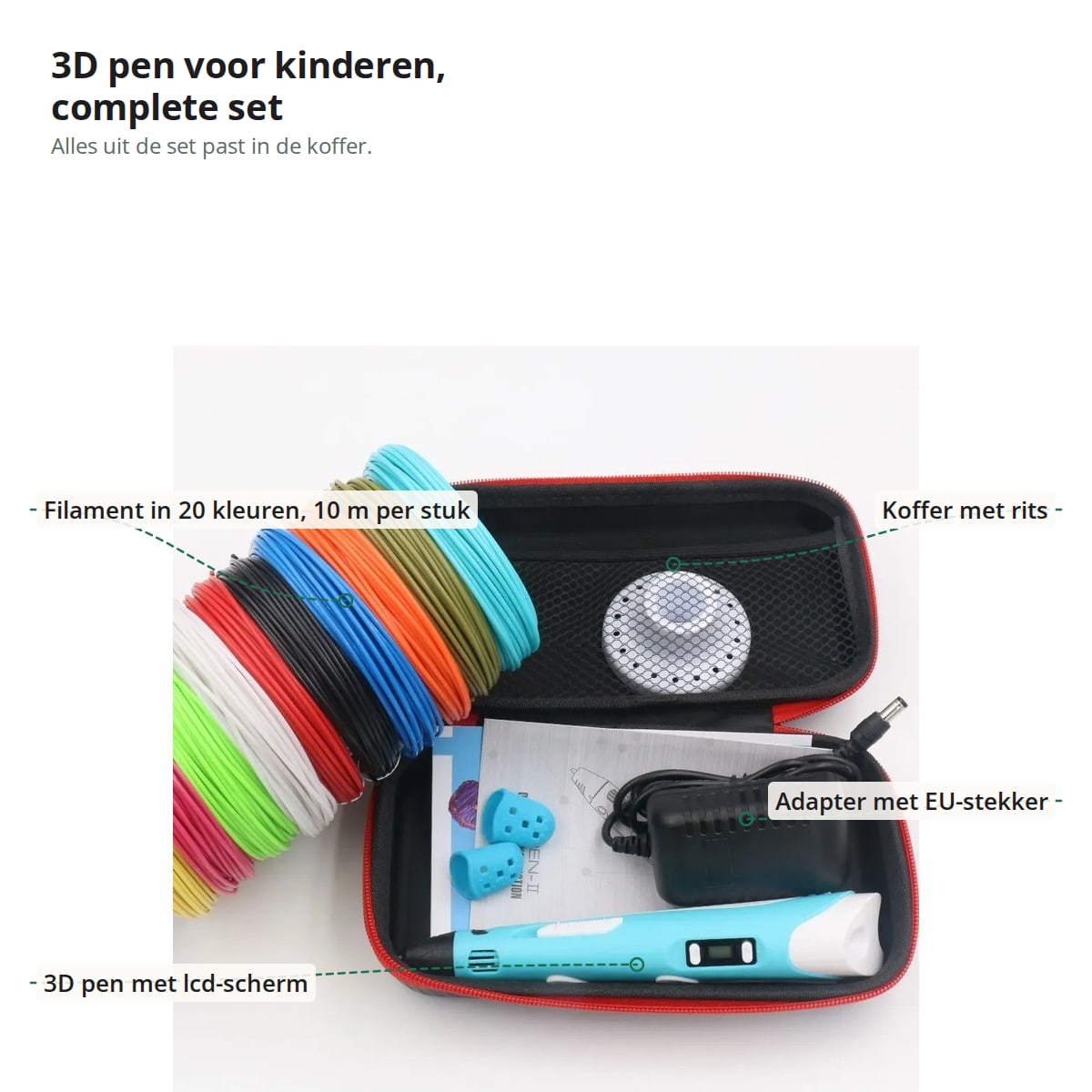 De set met aanduidingen: filament in 20 kleuren van 10 m per stuk, koffer met rits, adapter met EU-stekker en 3D pen met lcd-scherm