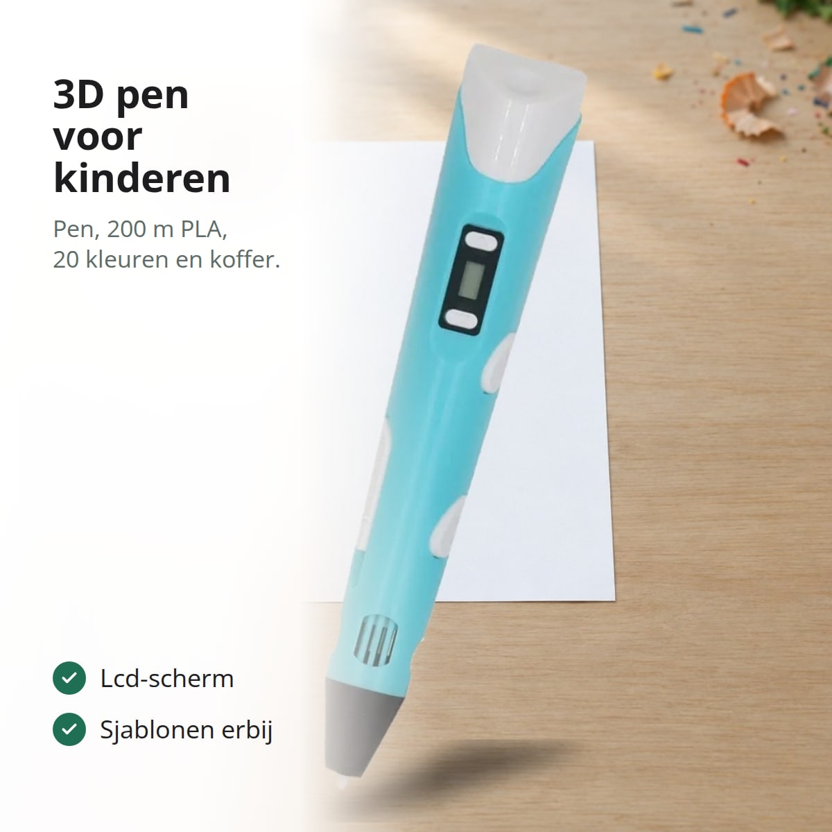 Blauwe 3D pen met lcd-scherm op een wit vel papier op een lichte houten tafel