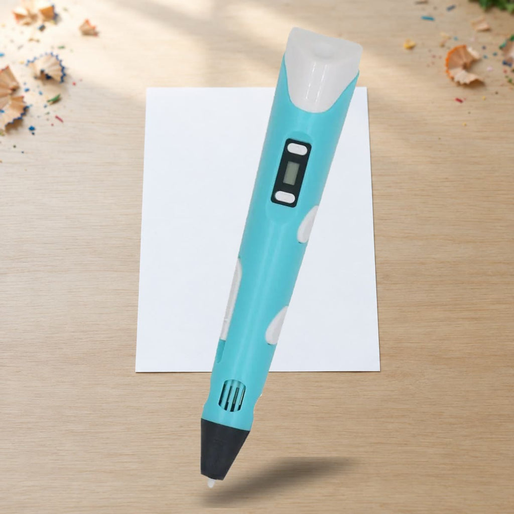 Blauwe 3D pen met lcd-scherm op een wit vel papier op een lichte houten tafel