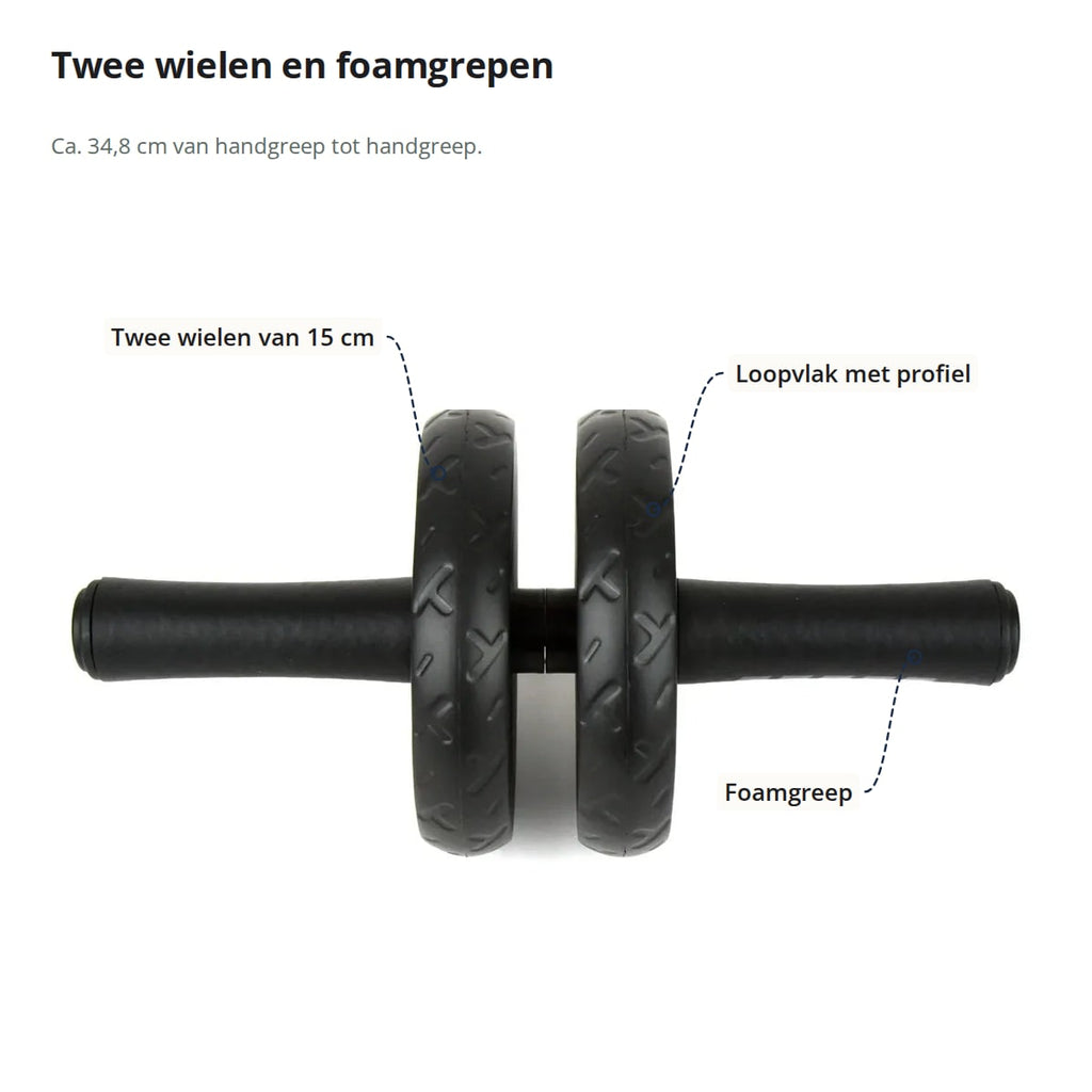 Ab wheel van voren gezien, met aanduidingen: twee wielen van 15 cm, loopvlak met profiel en foamgrepen