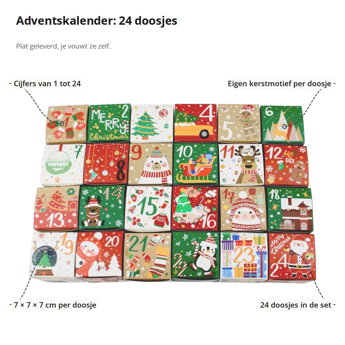 De 24 doosjes van de adventskalender op een rij, met aanduidingen: cijfers van 1 tot 24, eigen kerstmotief per doosje, 7 × 7 × 7 cm per doosje en 24 doosjes in de set