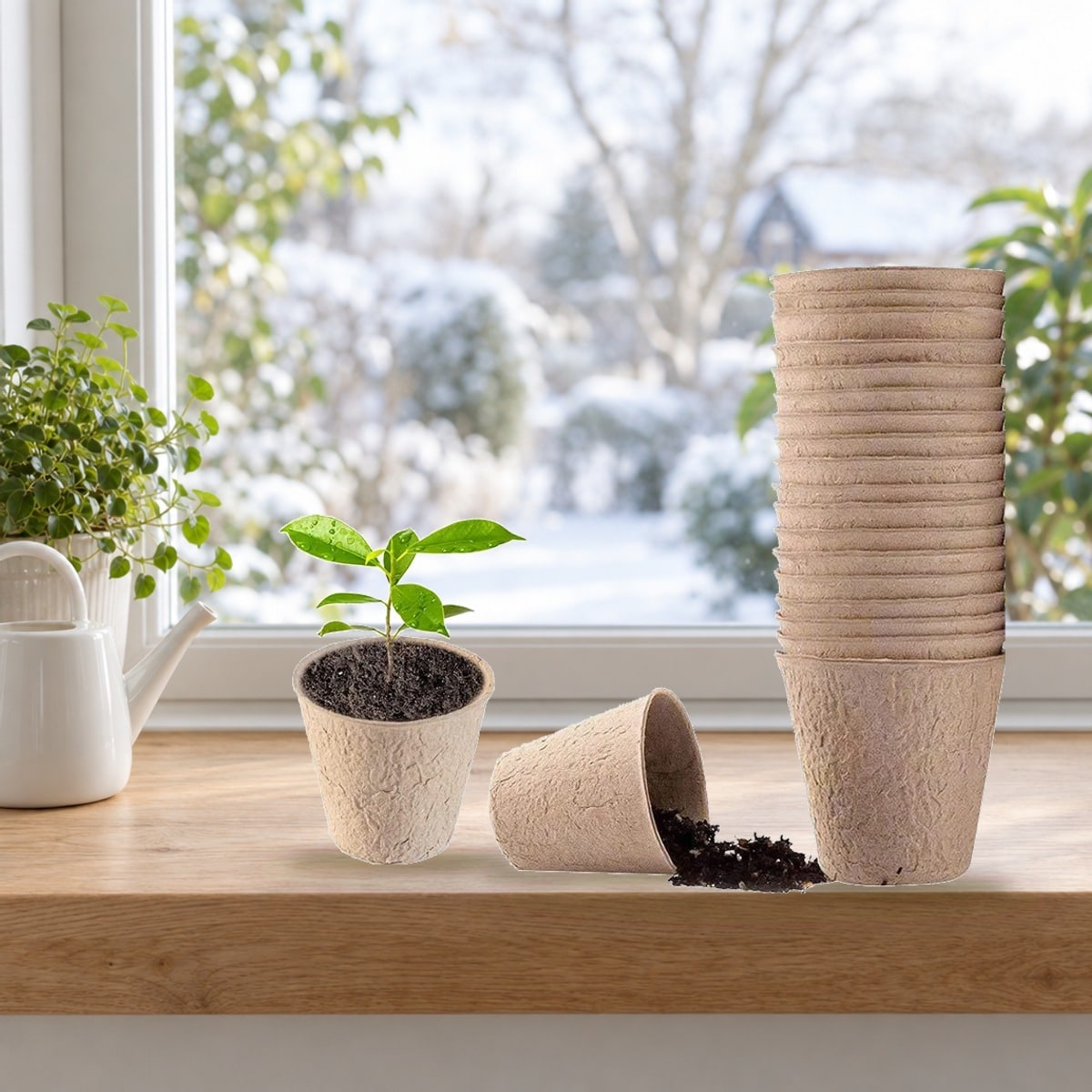 Plantpotjes van papierpulp in de vensterbank, één met een klein plantje