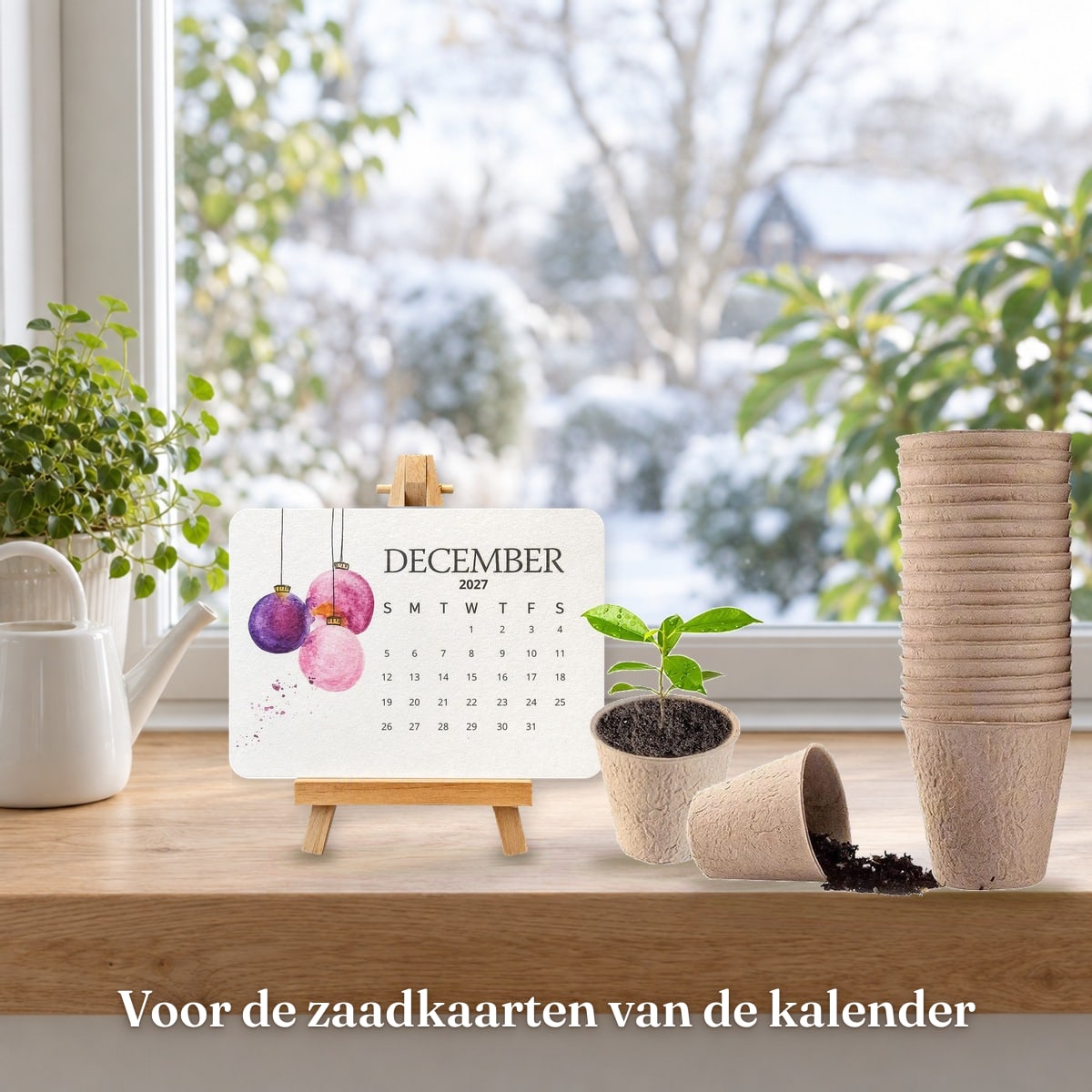 De zaadkalender op een standaardje naast de plantpotjes in de vensterbank