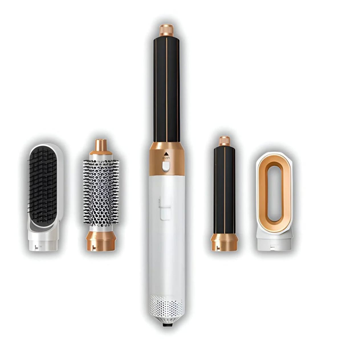 Airstyler in wit en goud met vijf verwisselbare opzetstukken naast elkaar