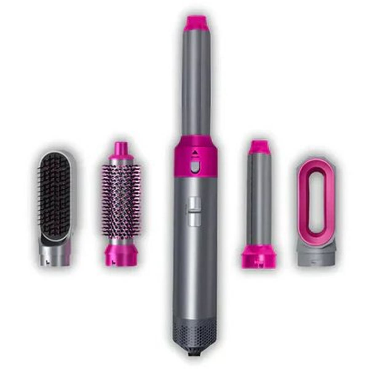 Airstyler in grijs en lila met vijf opzetstukken, van voren gezien
