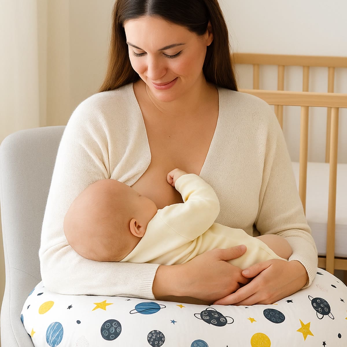 Voedingskussen met klein babykussentje en verstelbare band – Wit met planeten