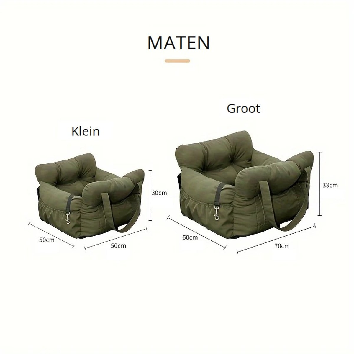 Maten van de auto hondenmand: klein 50 × 50 × 30 cm, groot 70 × 60 × 33 cm