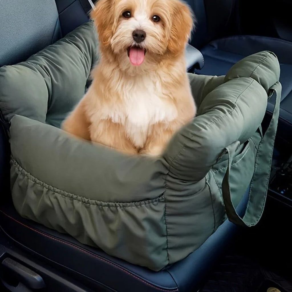 Kleine hond zit rechtop in de auto hondenmand op de autostoel