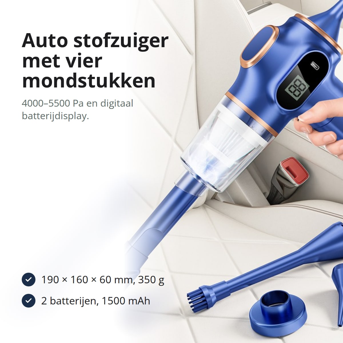 Draadloze auto stofzuiger met vier mondstukken, 4000–5500 Pa en digitaal batterijdisplay
