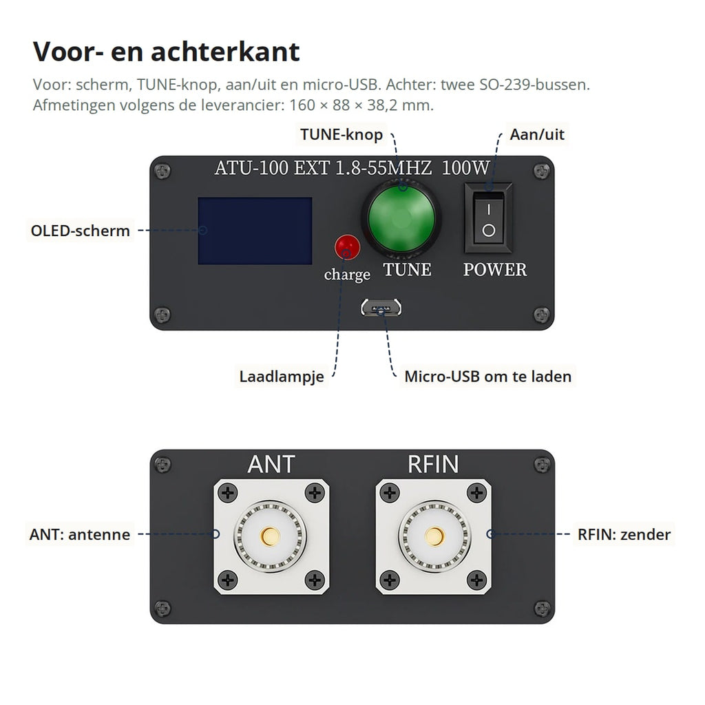 Voor- en achterkant van de ATU-100: OLED-scherm, laadlampje, TUNE-knop, aan/uit-schakelaar, micro-USB en de SO-239-bussen ANT en RFIN
