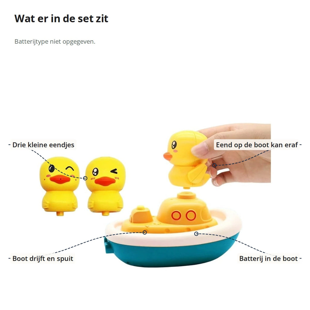 De set met aanduidingen: drie kleine eendjes, de eend op de boot die eraf kan, de boot die drijft en spuit, en de batterij in de boot