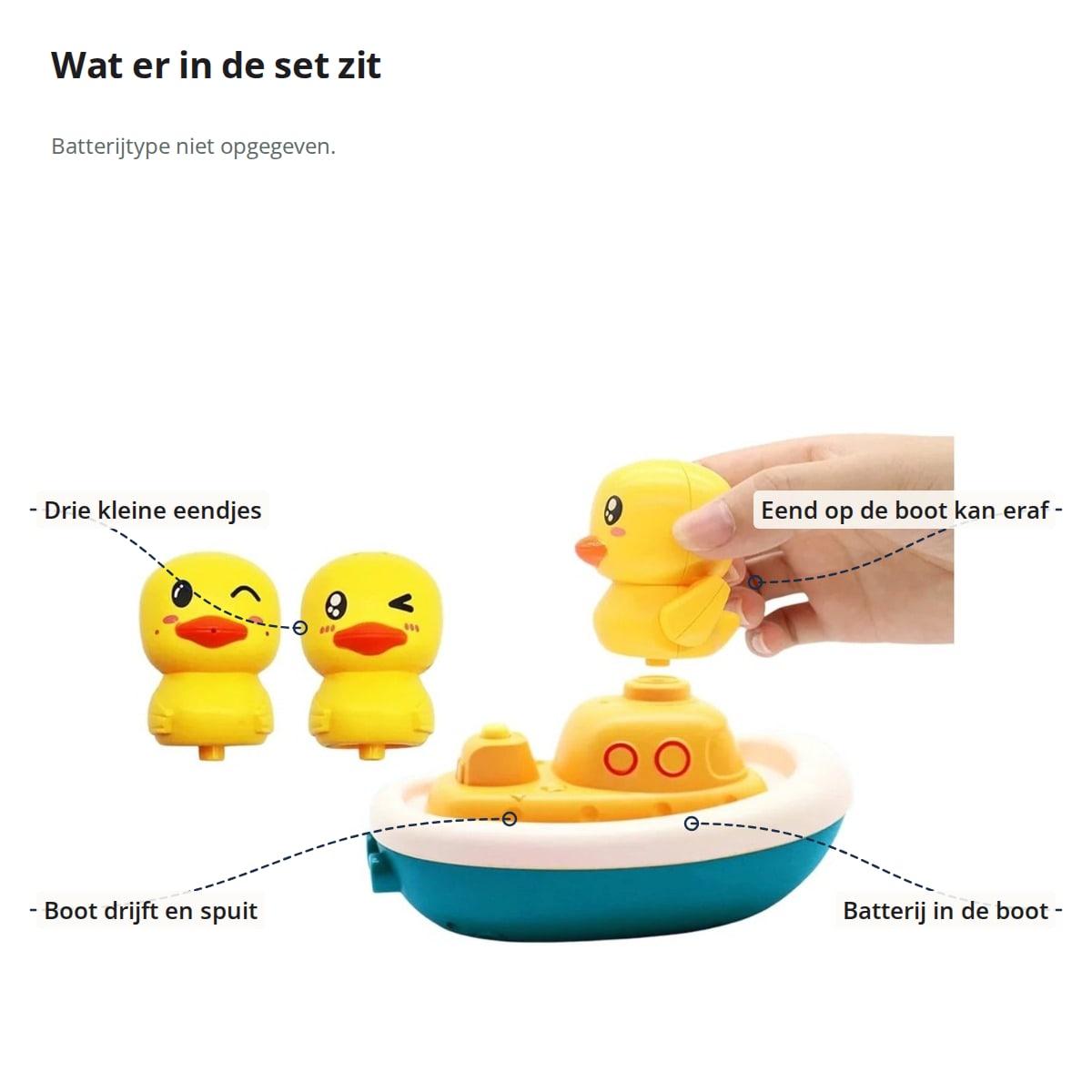 De set met aanduidingen: drie kleine eendjes, de eend op de boot die eraf kan, de boot die drijft en spuit, en de batterij in de boot