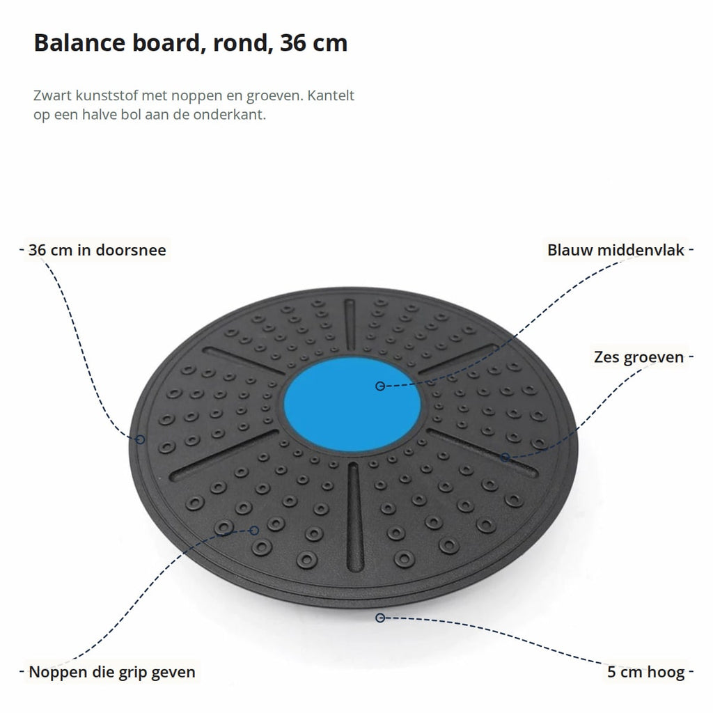 Rond balance board van bovenaf gezien, met aanduidingen: doorsnee van 36 cm, blauw middenvlak, zes groeven, noppen die grip geven en 5 cm hoogte