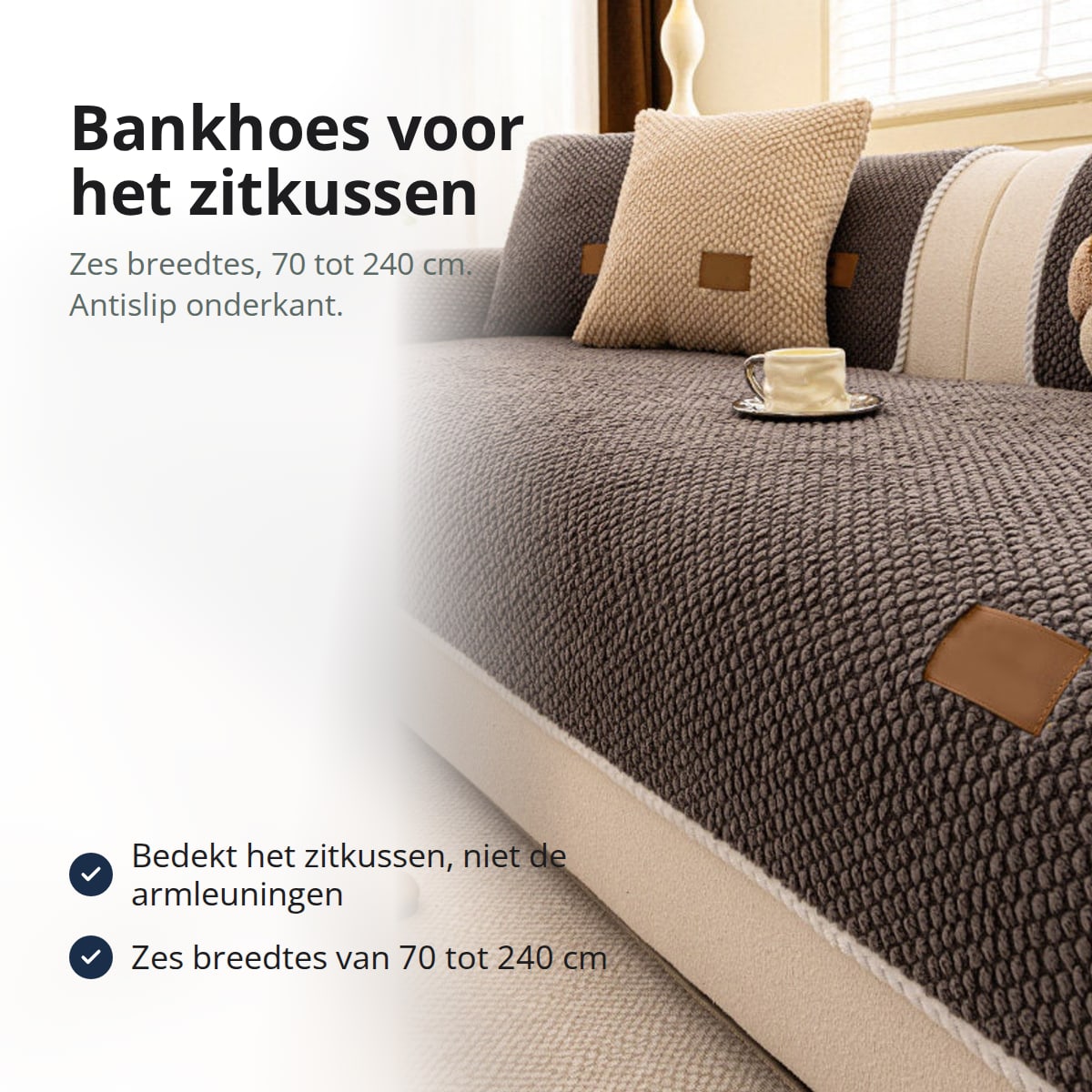 Bankhoes voor het zitkussen met antislip onderkant, zes breedtes van 70 tot 240 cm