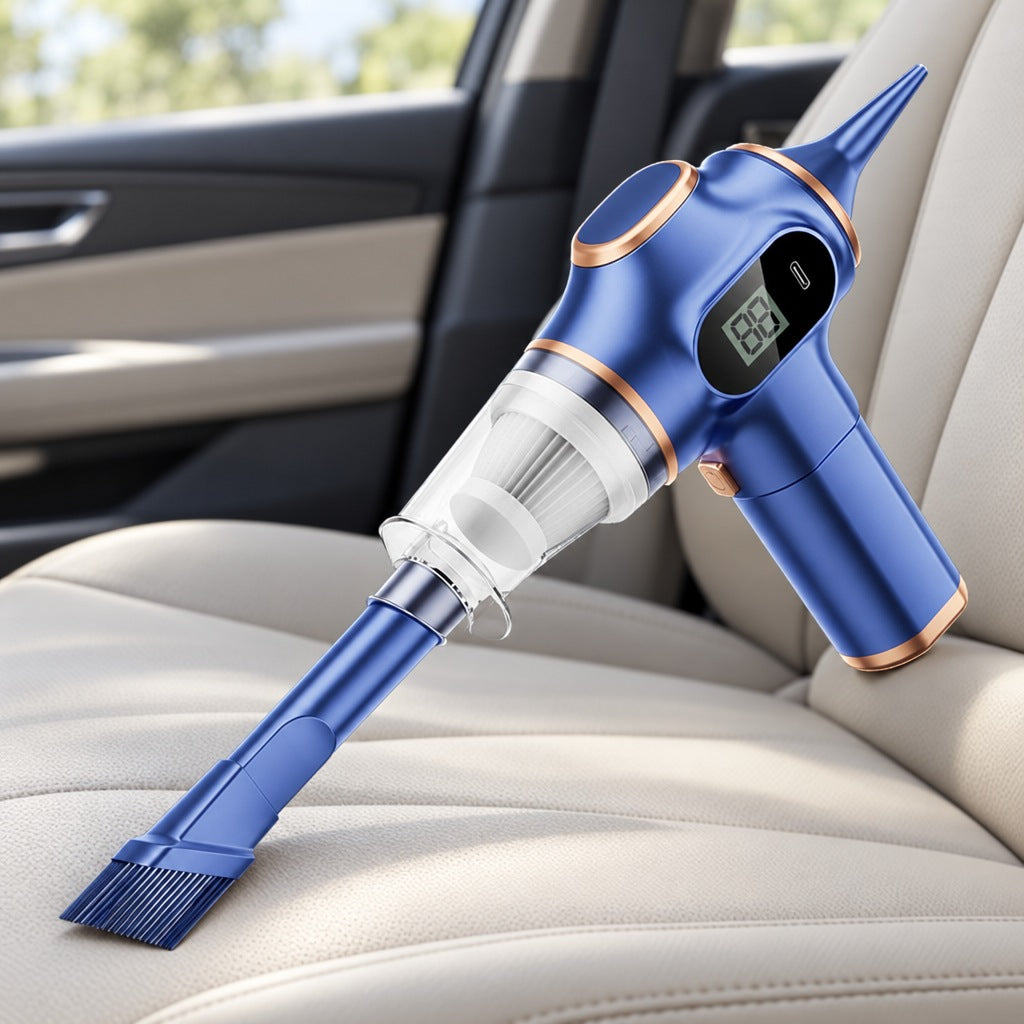 Draadloze auto stofzuiger in blauw met doorzichtig stofreservoir en digitaal display op een lichte autostoel