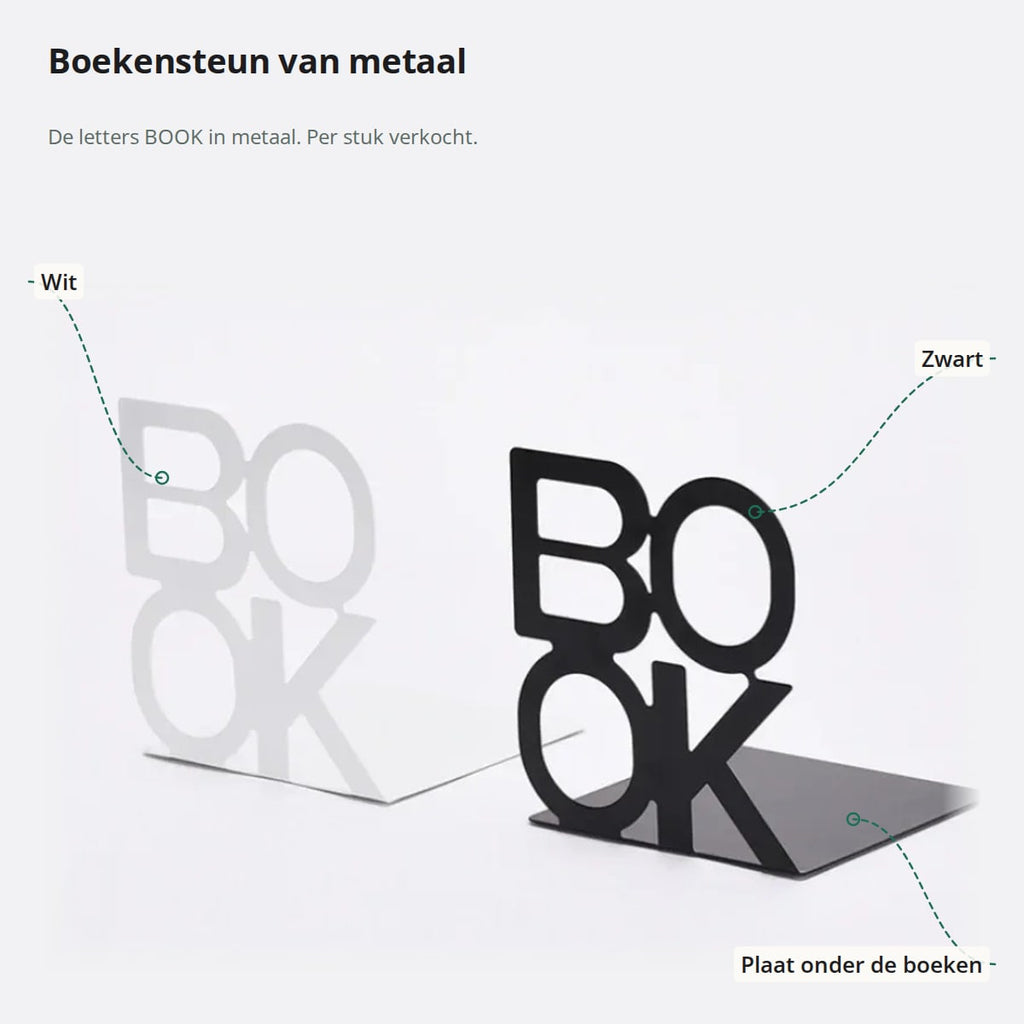 Witte en zwarte boekensteun van metaal in de vorm van het woord BOOK, met de plaat die onder de boeken ligt
