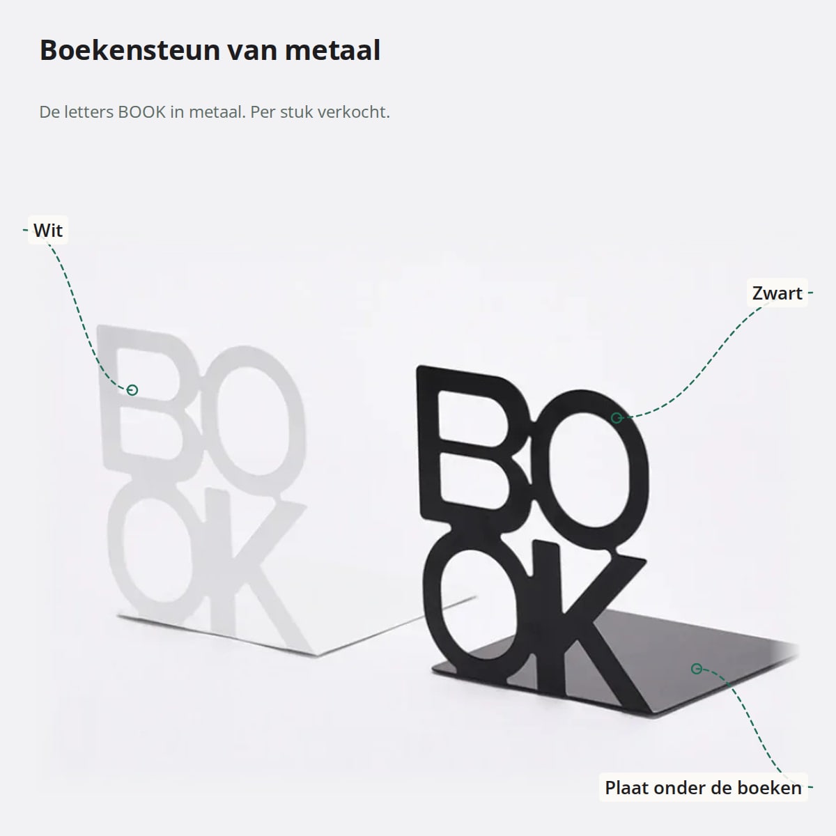 Witte en zwarte boekensteun van metaal in de vorm van het woord BOOK, met de plaat die onder de boeken ligt