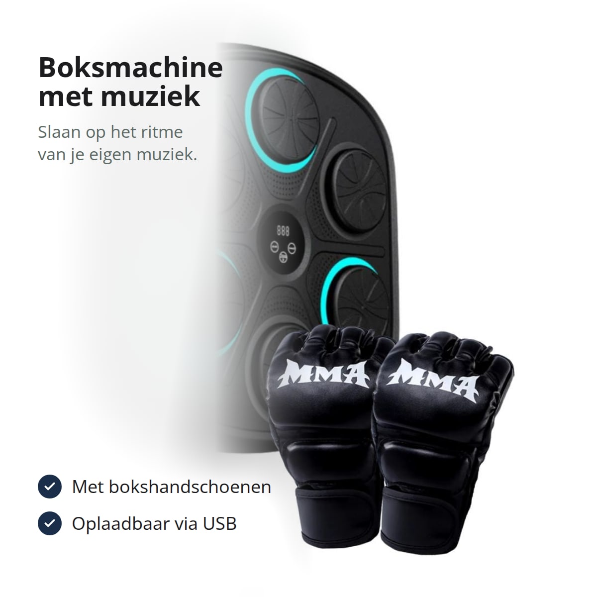 Boksmachine met muziek en een paar bokshandschoenen