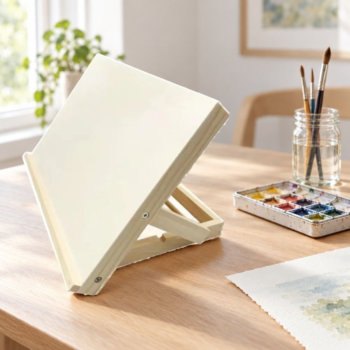 Houten tafelezel op een licht bureau met een aquareldoos, penselen in een glas en een aquarelvel