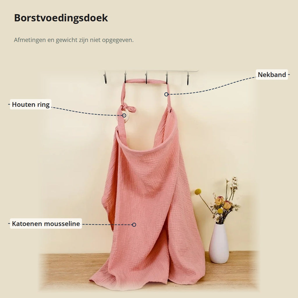 Roze borstvoedingsdoek met aanduidingen: houten ring, nekband en katoenen mousseline
