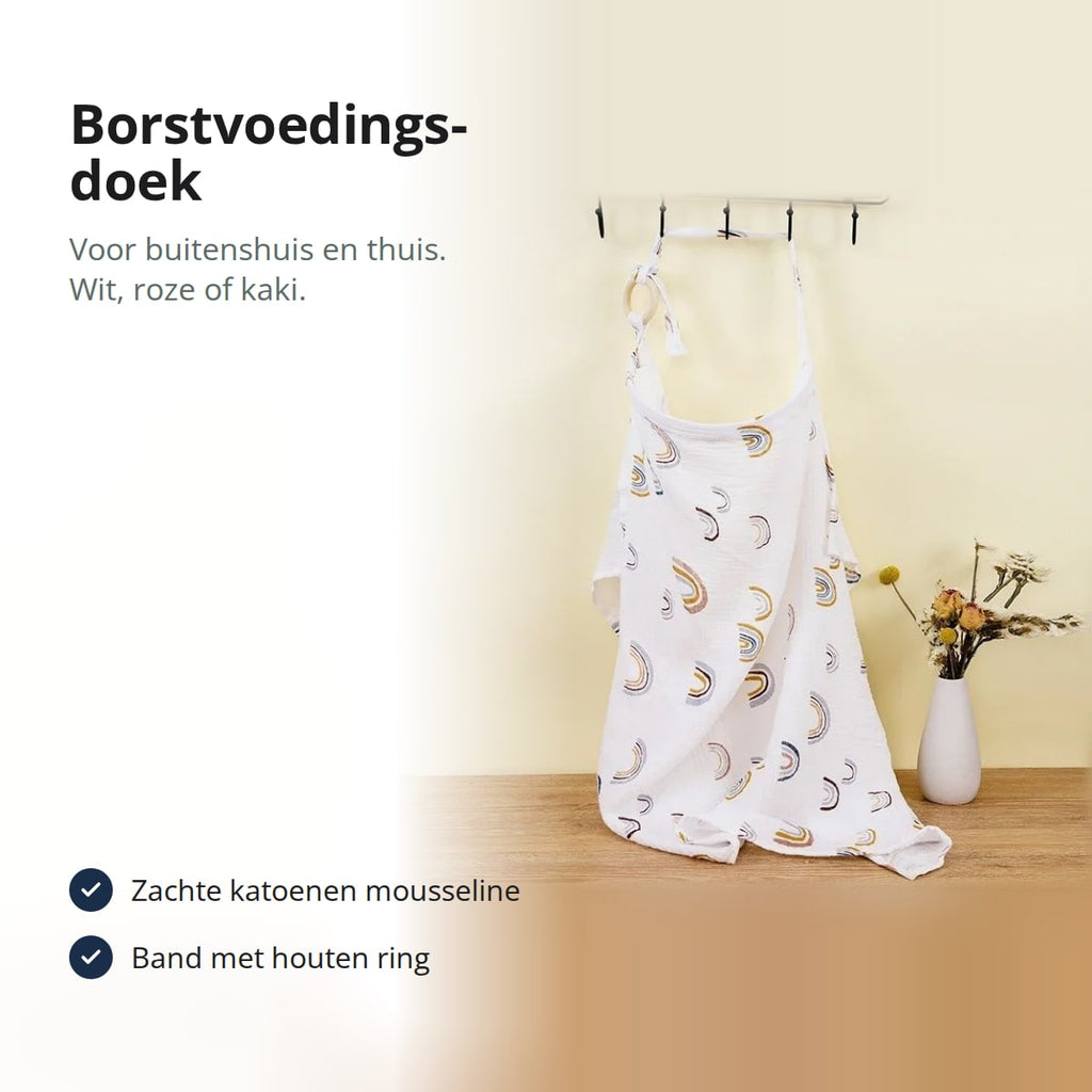 Witte borstvoedingsdoek met regenboogdessin aan een kapstok, met de tekst: voor buitenshuis en thuis, wit, roze of kaki, zachte katoenen mousseline, band met houten ring