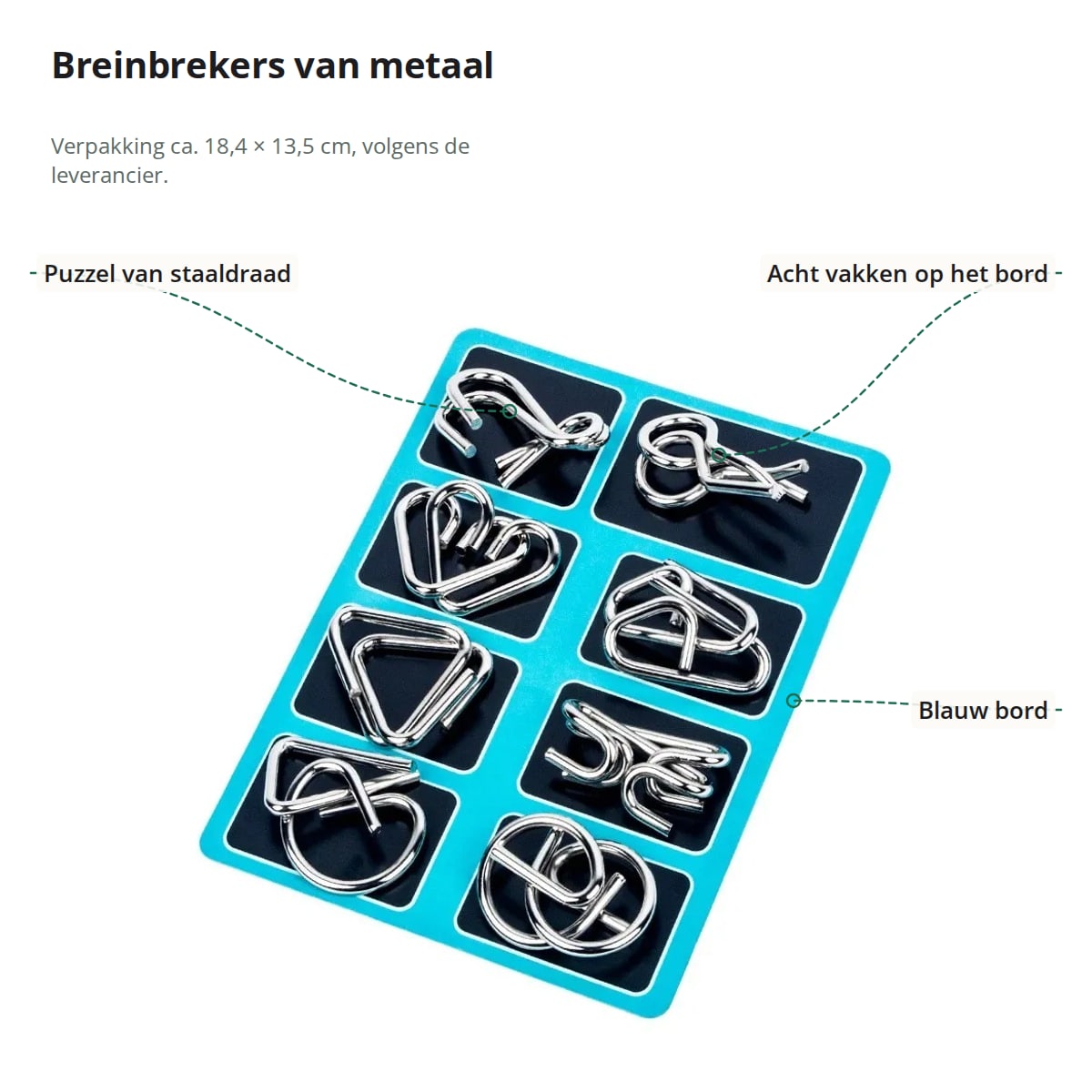 Breinbrekers van metaal uitgelegd: puzzel van staaldraad, acht vakken op het bord en blauw bord