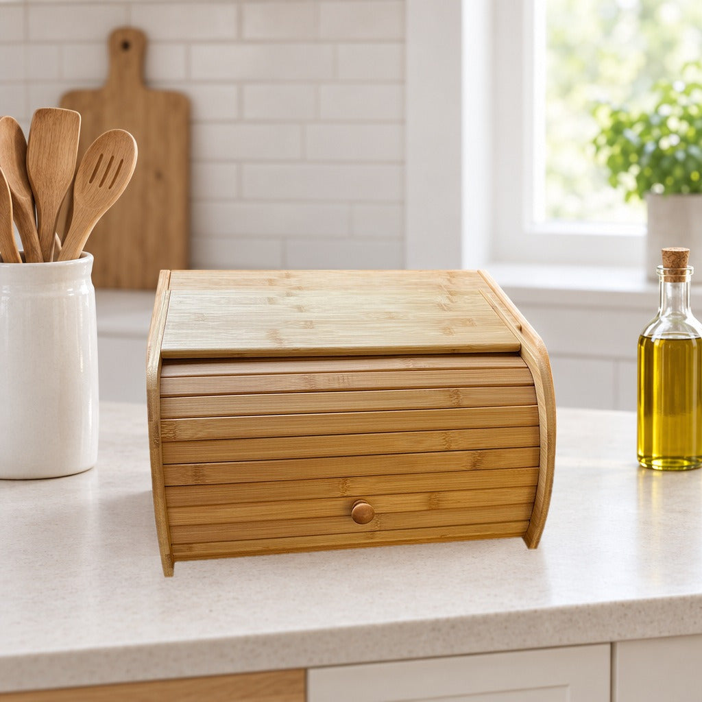 Gesloten bamboe broodtrommel met smalle latjes en ronde knop, op het aanrecht naast een pot met houten lepels en een fles olijfolie