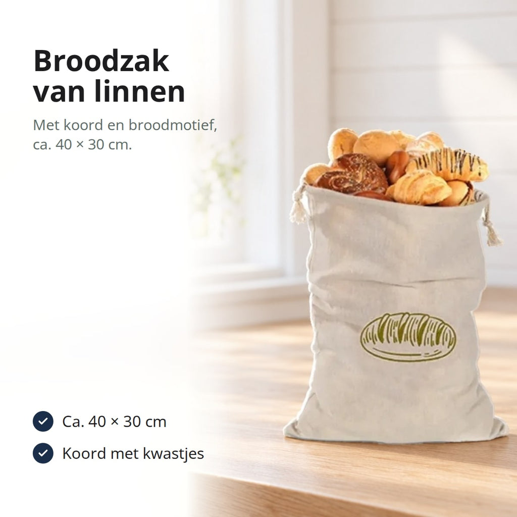 Linnen broodzak met koord en broodmotief, gevuld met broodjes en gebak, op een eikenhouten aanrecht, met de tekst: ca. 40 × 30 cm, koord met kwastjes