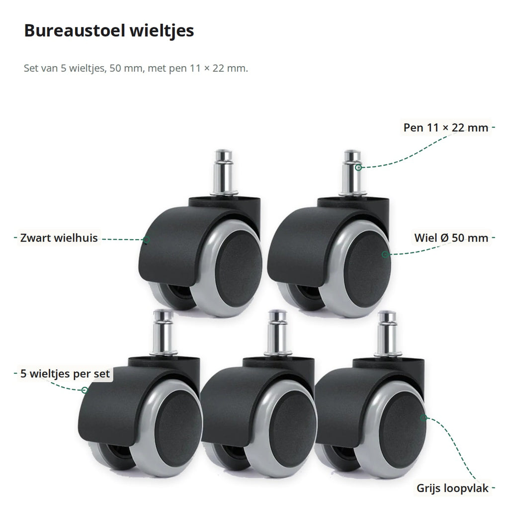 Vijf bureaustoel wieltjes met aanduidingen: pen 11 × 22 mm, wielen van 50 mm, grijs loopvlak en zwart wielhuis