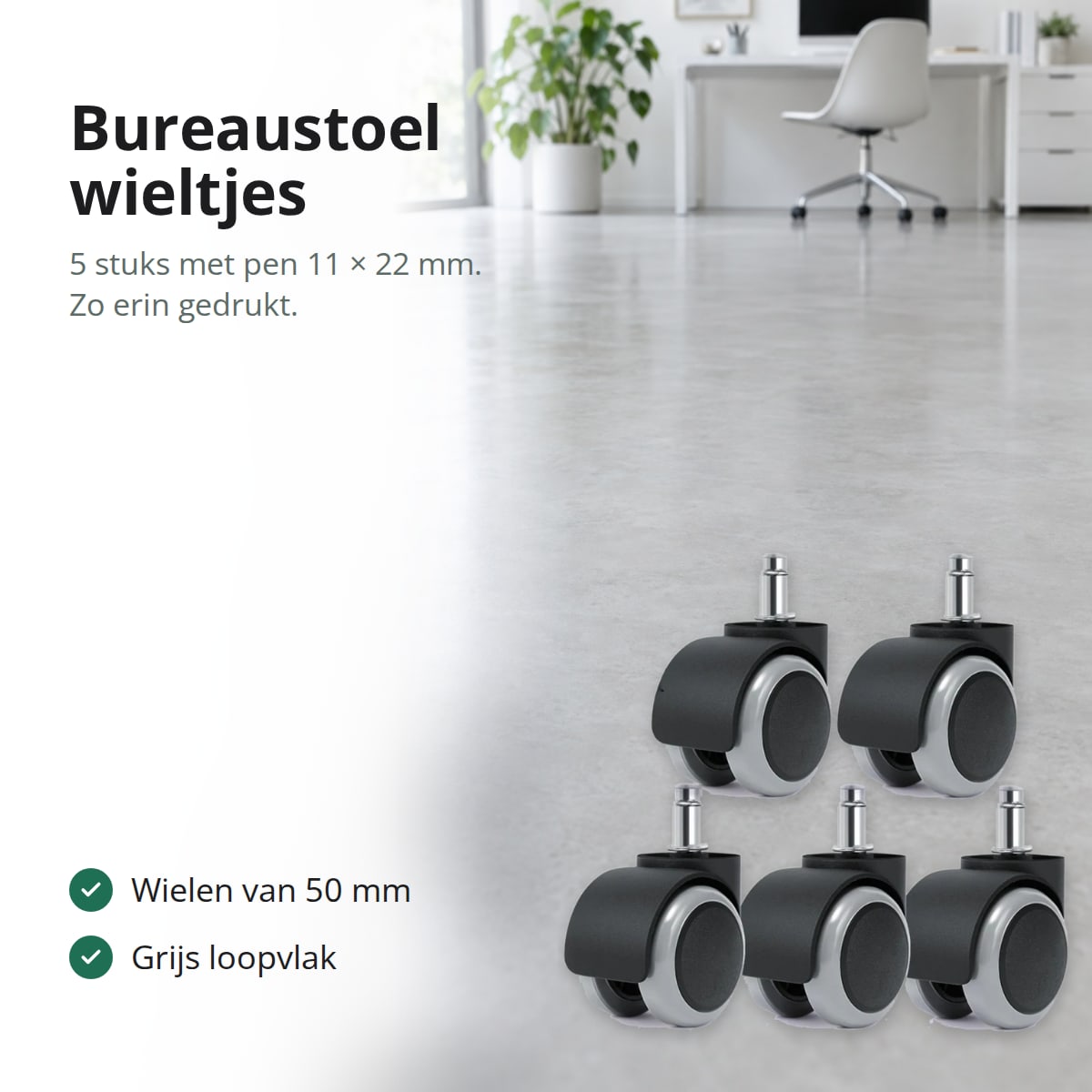 Vijf bureaustoel wieltjes met grijs loopvlak op een lichte betonvloer