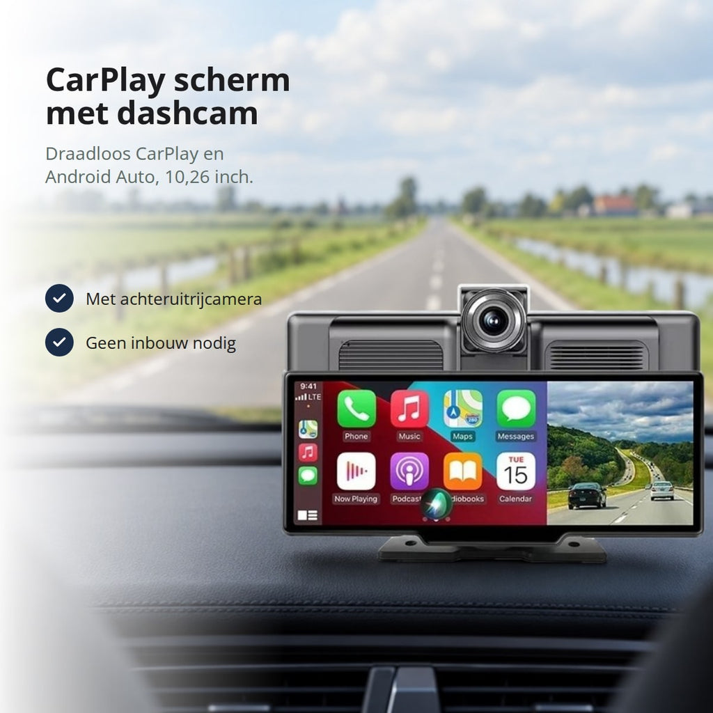 CarPlay scherm van 10,26 inch met dashcam op het dashboard van een auto, met draadloos Apple CarPlay