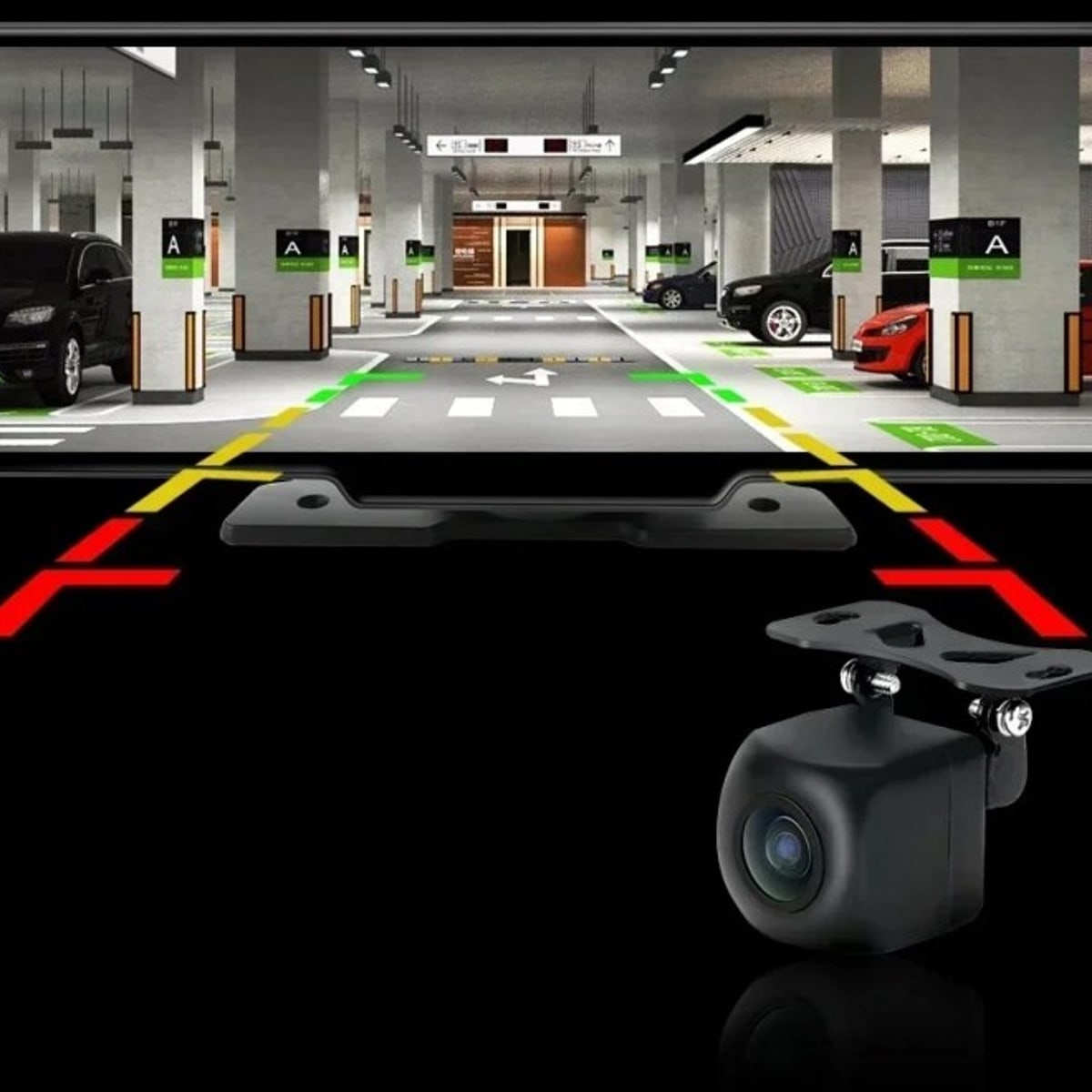 CarPlay scherm met het beeld van de achteruitrijcamera en hulplijnen, met de achteruitrijcamera ervoor