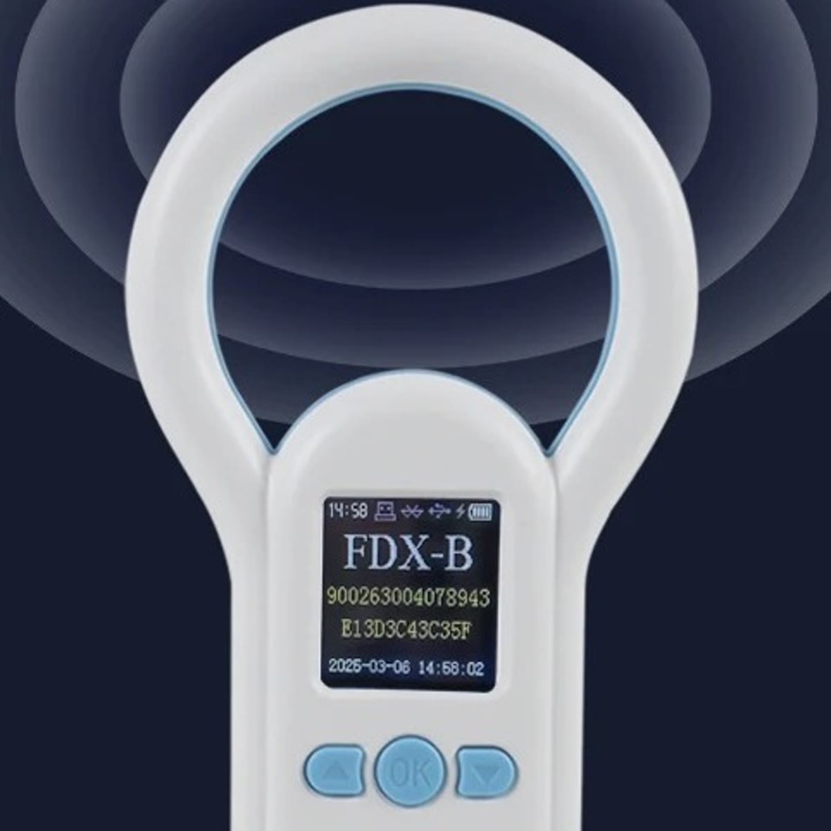 Close-up van de ringantenne en het kleurenscherm met chiptype FDX-B en een chipnummer, op een donkerblauwe achtergrond