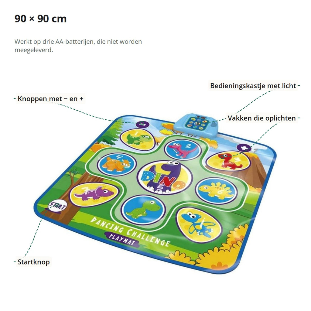 Dansmat uitgelegd: knoppen met min en plus, startknop, bedieningskastje met licht en vakken die oplichten