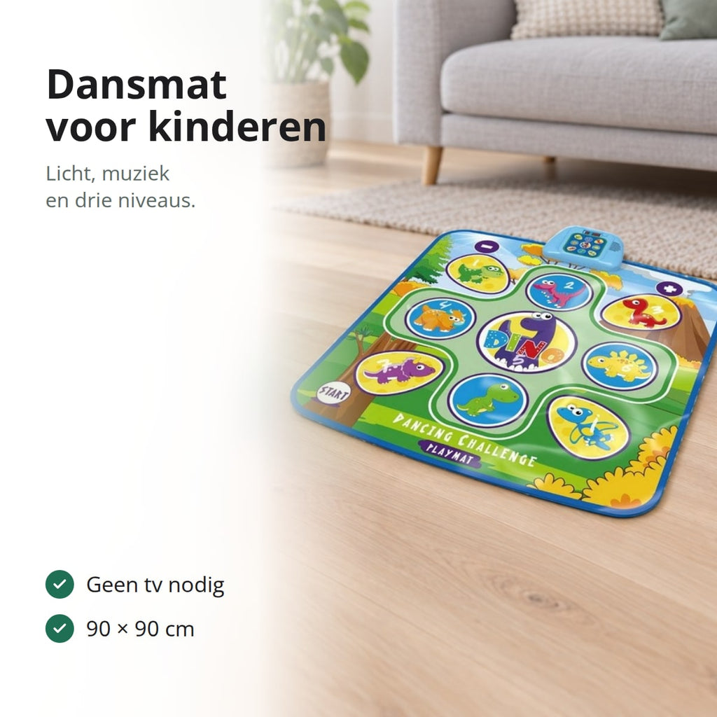 Dansmat met dinosaurusmotief op een eiken vloer in een lichte woonkamer