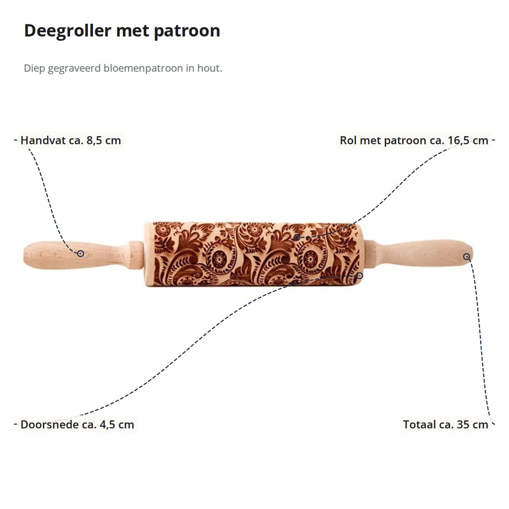Deegroller met patroon met aanduidingen: handvat ca. 8,5 cm, rol met patroon ca. 16,5 cm, doorsnede ca. 4,5 cm en totale lengte ca. 35 cm