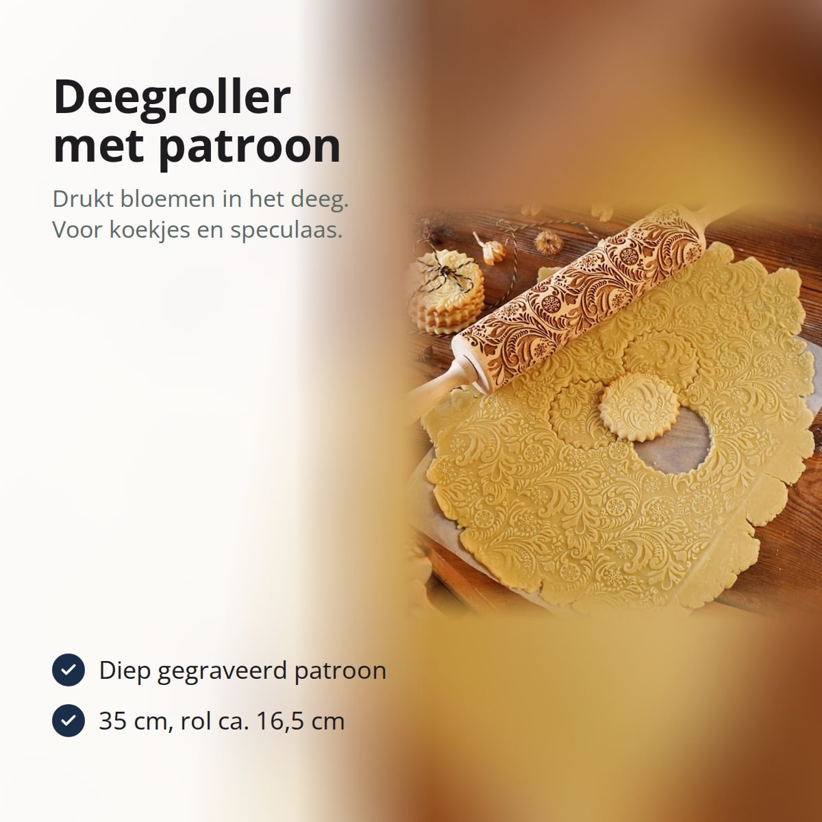 Houten deegroller met diep gegraveerd bloemenpatroon, 35 cm