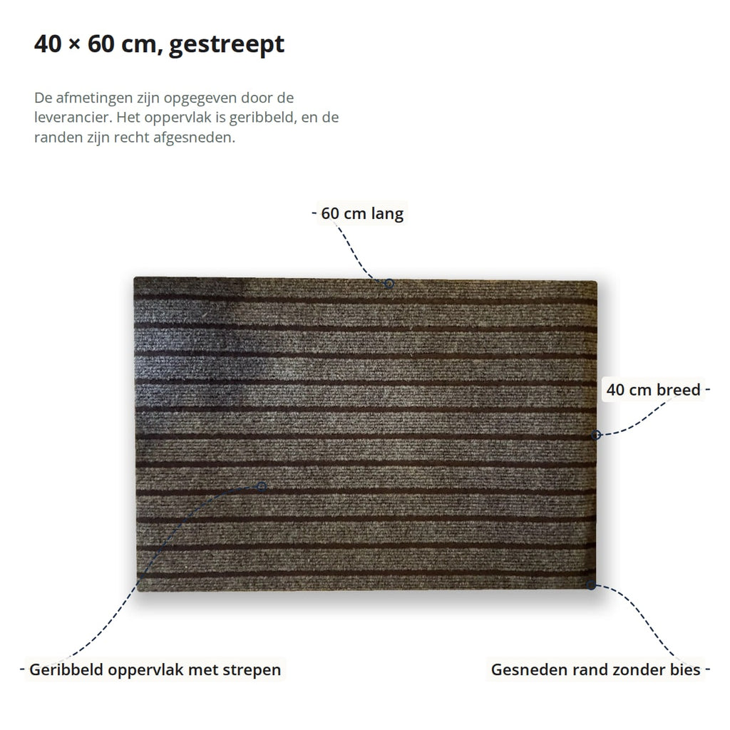De deurmat met aanduidingen: 60 cm lang, 40 cm breed, geribbeld oppervlak met strepen en gesneden rand zonder bies