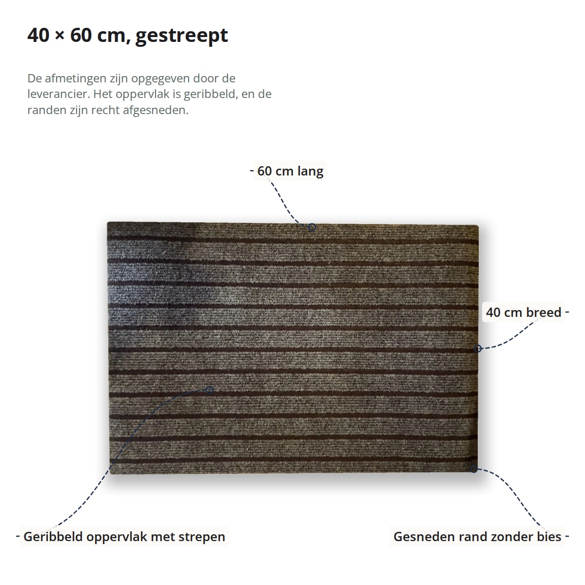 De deurmat met aanduidingen: 60 cm lang, 40 cm breed, geribbeld oppervlak met strepen en gesneden rand zonder bies