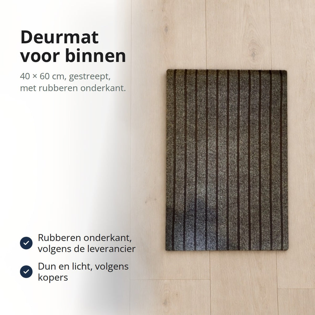 Grijsbruine, gestreepte deurmat van 40 × 60 cm op een lichte eikenhouten vloer, van bovenaf gezien, met de tekst: 40 × 60 cm, gestreept, rubberen onderkant, dun en licht