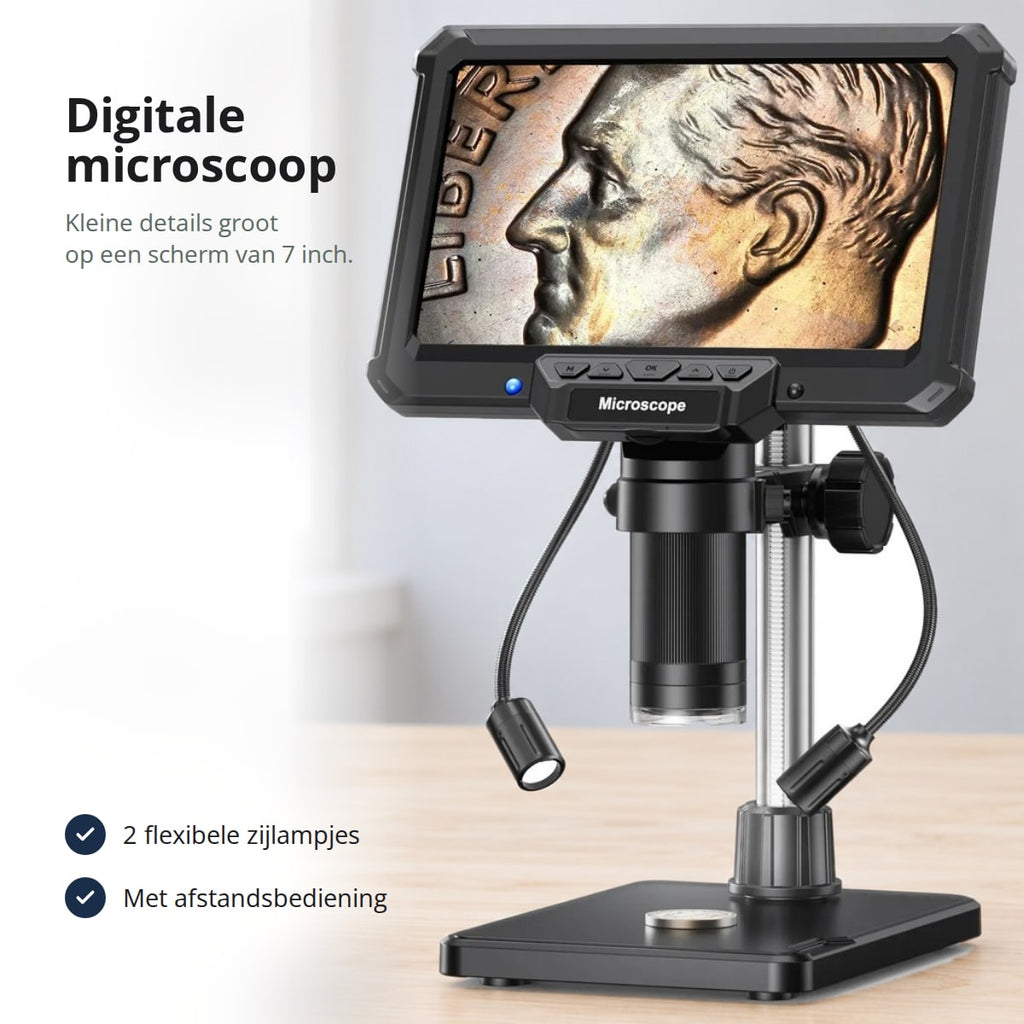 Digitale microscoop met scherm van 7 inch en twee flexibele zijlampjes op een houten werkbank