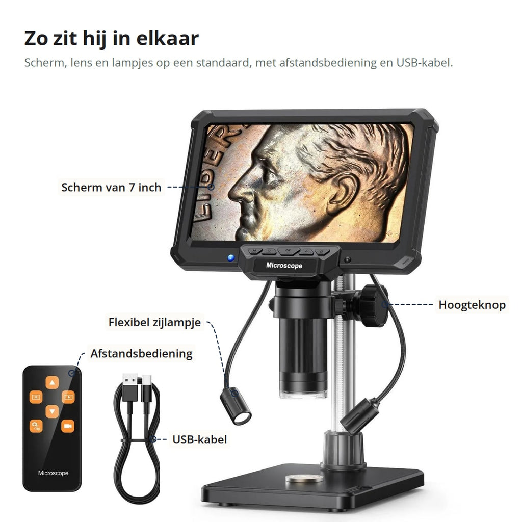 Onderdelen van de digitale microscoop: scherm van 7 inch, flexibel zijlampje, hoogteknop, afstandsbediening en USB-kabel