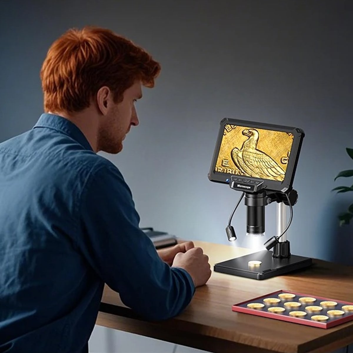 Man aan een houten bureau bekijkt een munt onder de digitale microscoop, met een bakje munten ernaast