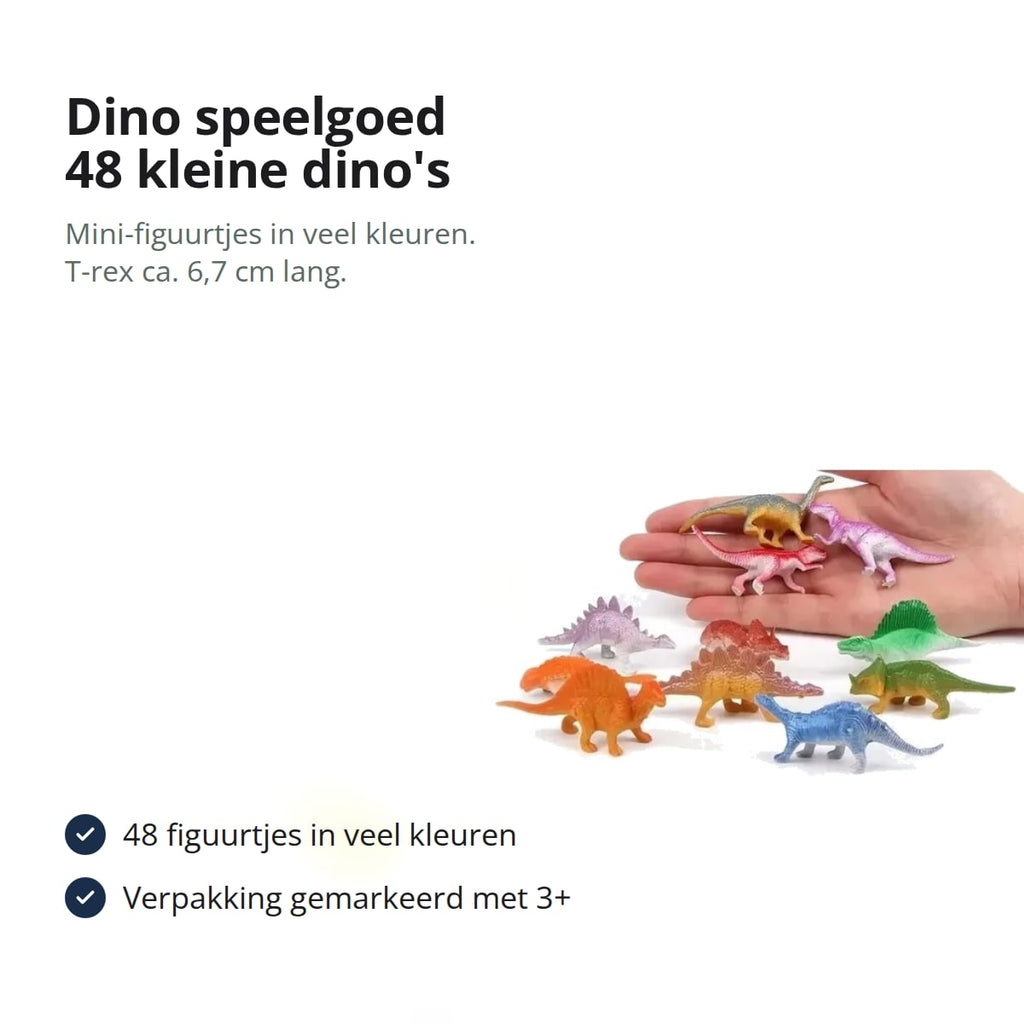 Kleine dinosaurusfiguurtjes van plastic in een hand en ervoor, met de tekst: dino speelgoed, 48 kleine dino's, mini-figuurtjes in veel kleuren, T-rex ca. 6,7 cm lang, verpakking gemarkeerd met 3+