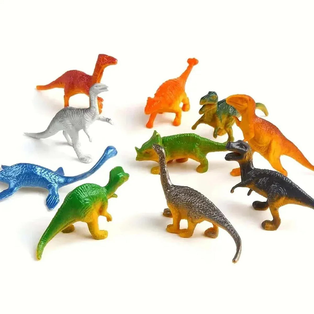 Tien van de dinosaurusfiguurtjes op een witte achtergrond, in oranje, groen, blauw, zilvergrijs en donkere kleuren