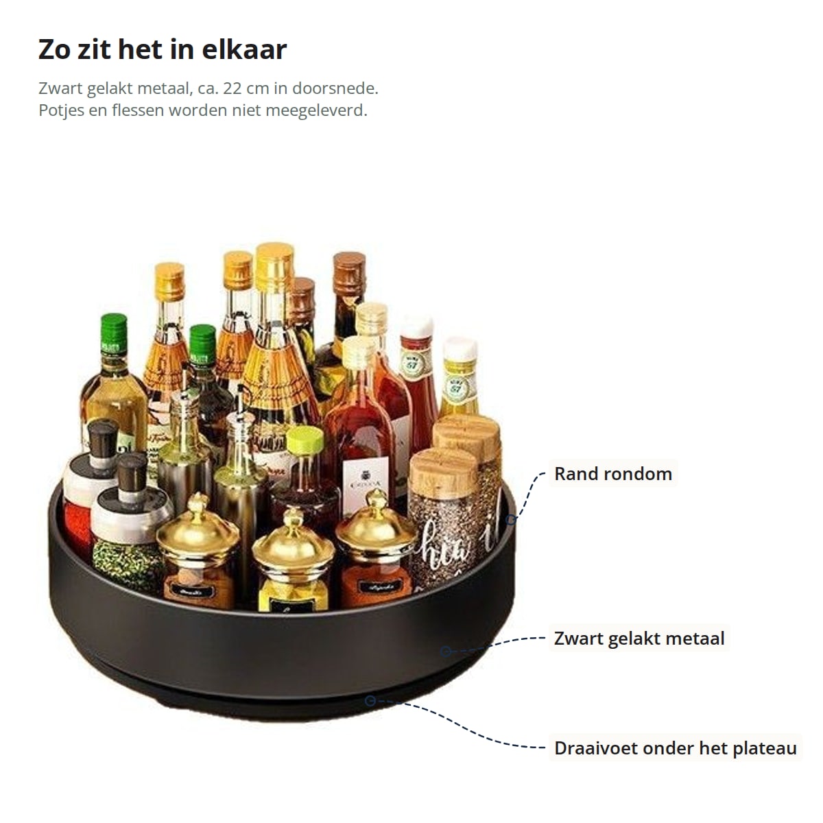 Het draaiplateau met aanduidingen: de rand rondom, het zwart gelakte metaal en de draaivoet onder het plateau; ca. 22 cm in doorsnede, potjes en flessen worden niet meegeleverd