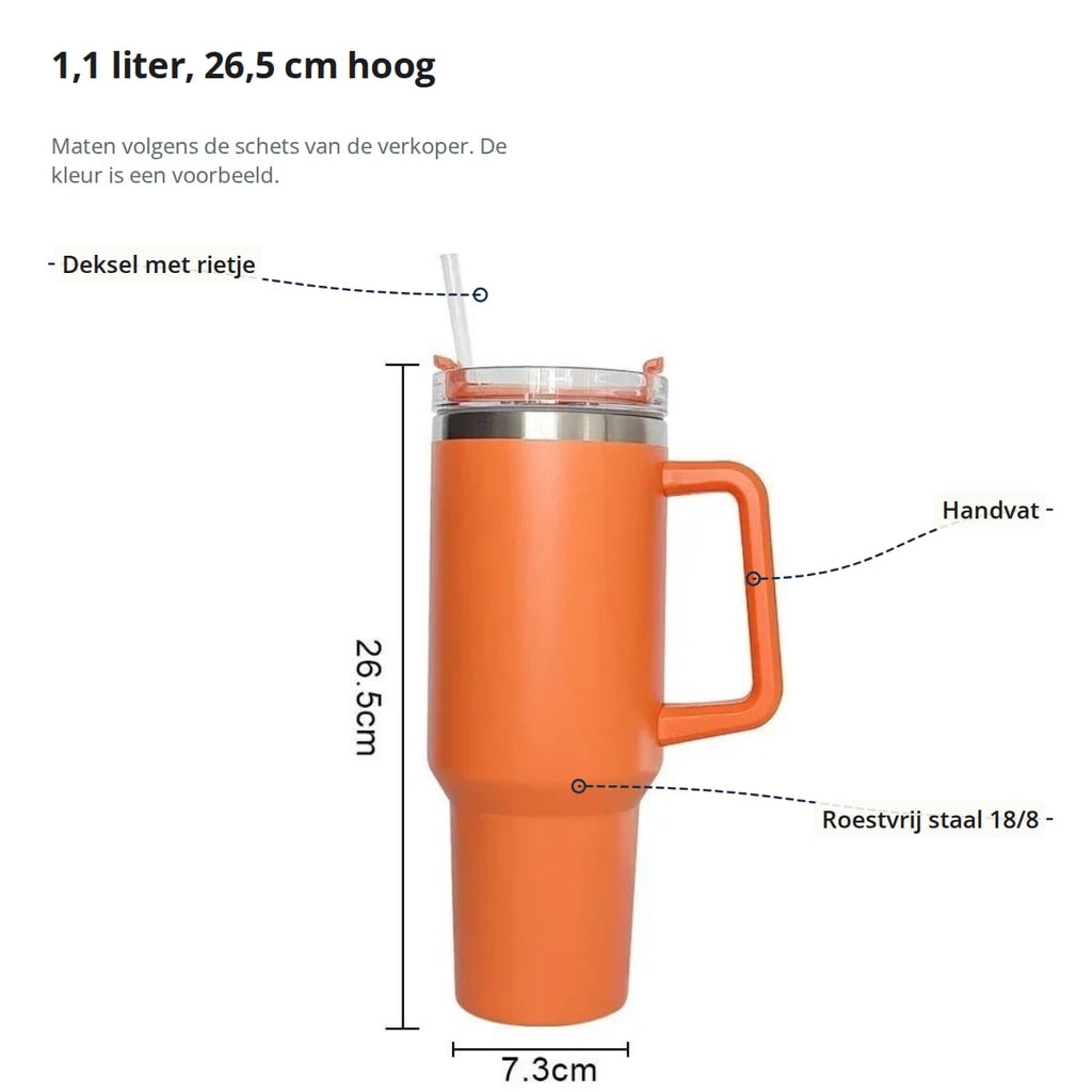 Drinkbeker met aanduidingen: deksel met rietje, handvat en roestvrij staal 18/8, met de maten 26,5 cm en 7,3 cm